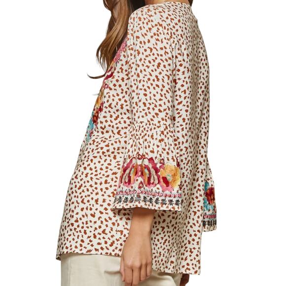 Impressions Boho Hippie Artsy Leopard Embroidered Top Cream/Camel Size S, - Picture 2 of 14